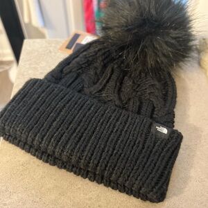 The North Face Black Knit Hat with Faux Fur Pom